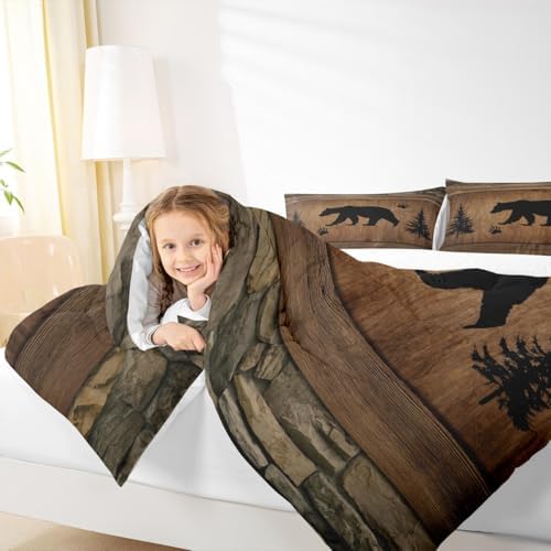 Rustic Bear Comforter Set Twin Size,Wild Animal Hunting Bedding Set 2pcs,Farmhouse Cabin Vintage Woodland Wildlife Down Comforter for All Season,Kids Boys Teens Room Decor,1 Pillowcase,No Sheets