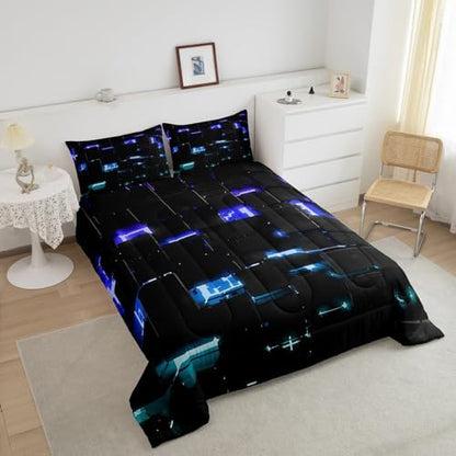 Feelyou Black Blue Teal Square Ombre Comforter Set King Size Kids 3D Rendering Abstract Art Comforter for Boys Girls Teens Modern Fashion Bedding Set Stripes Duvet Set