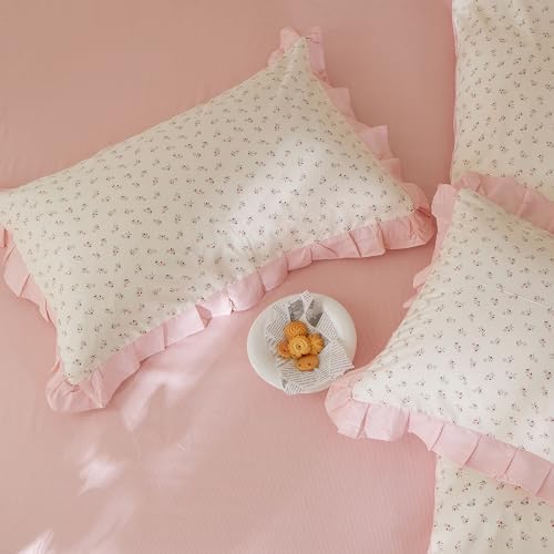 mixinni Pink Floral Duvet Cover Set Queen Size – 100% Cotton Ruffle Lace Bedding, Romantic Blushing Flower Print, Reversible Striped Pattern, Cottagecore Soft Aesthetic Princess Bedding for Girls
