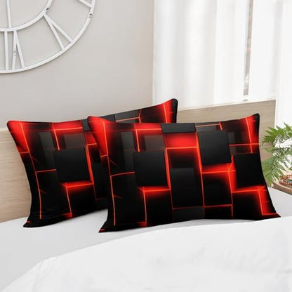 HOSIMA Red Black Geometric Queen Bedding Sets,1 Fitted Sheet+2 Pillowcases.
