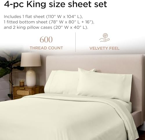 Threadmill 600 Thread Count Cotton King Sheet Set, Sateen, Ivory, 4-Piece