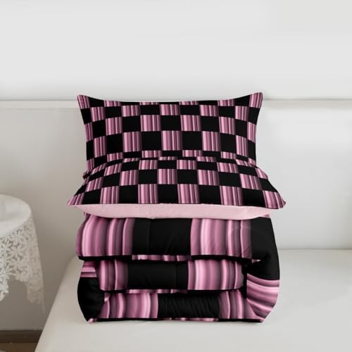 Feelyou Checkered Kids Comforter Set King Size Abstract Ombre Bedding Set Modern Geometric Pink Black Duvet Quilt for Kids Boys Girls Bedroom Cute Neutral Aesthetic Plaid Decor