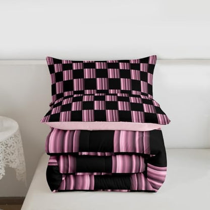 Feelyou Checkered Kids Comforter Set King Size Abstract Ombre Bedding Set Modern Geometric Pink Black Duvet Quilt for Kids Boys Girls Bedroom Cute Neutral Aesthetic Plaid Decor
