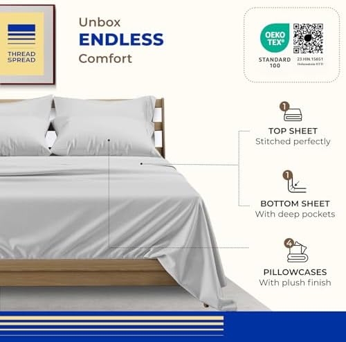 THREAD SPREAD 100% Egyptian Cotton Paradise Sheet Set 6 PC - Silver, California King