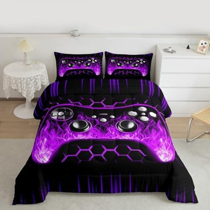 Erosebridal Ombre Art Honeycomb Gamer Comforter Sets for Boys Purple Neon Lights Game Console King Bedding Set Geometric Hexagon Beehive Duvet Insert Gaming Decor for Boys Bedroom Decor