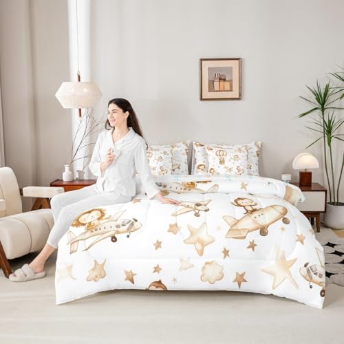 Erosebridal Kids Airplane 7 Pcs Bedding Set Twin, Cartoon Aircraft Comforter Set with Sheets, Hot Air Balloon Star Cloud Bed in A Bag, Cute Monkey Lion Wildlife Bed Sets for Boys Girls Adults Bedroom