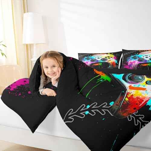 Erosebridal Gaming Bedding Set - Baseball Full Comforter Set, Watercolor Game Console Comforter Set, Rainbow Tie Dye Sports Bedding Set for Boys, Gamer Decor for Boys' Bedroom