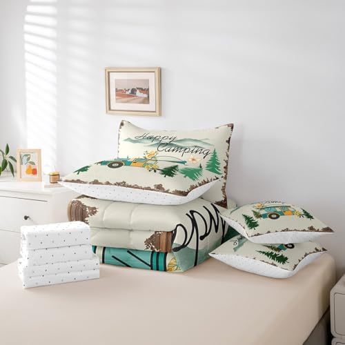 Erosebridal Camping Themed Comforter Set Queen Size,Travel RV Bedding Set for Kids Teens,Vintage Watercolor (Comforter+Fitted+Flat Sheet+2 Pillowcases+2 Throw Pillow Covers) 7 Pieces Bed Set