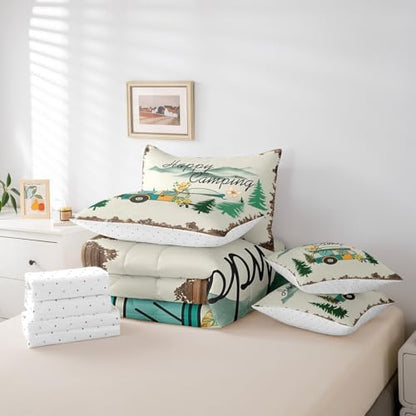 Erosebridal Camping Themed Comforter Set Queen Size,Travel RV Bedding Set for Kids Teens,Vintage Watercolor (Comforter+Fitted+Flat Sheet+2 Pillowcases+2 Throw Pillow Covers) 7 Pieces Bed Set