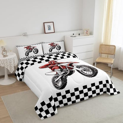 Feelyou Dirt Bike Bedding Set Kids Boys Girls Toddler Size Racing Motocross Rider Comforter Set Teen Adult Ultra Soft Motorcycle Racer Comforter Extreme Sports Duvet Quilt Black White Check Quilt