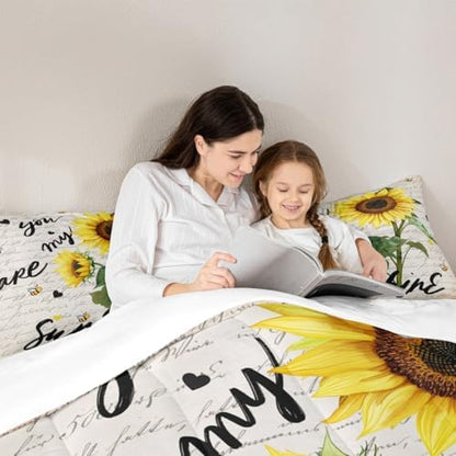 Castle Fairy Sunflower Comforter Set King Size,Rustic Farmhouse Bee Bedding 3pcs for Kids Teens Adults Home Room Decor,Black Sketch Sunshine Graffiti Quilt Nature Plants Animals Duvet Insert