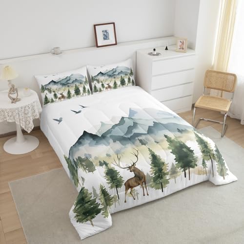 Feelyou Deer Moose Print Comforter Set Full Girls Teens Adult, Kids Boys Watercolor Hunting Deer Bedding Set, 3D Woodland Wild Animal Comforter Soft Quilt Set,Blue with 1 Pillowcase 2Pcs Bedding