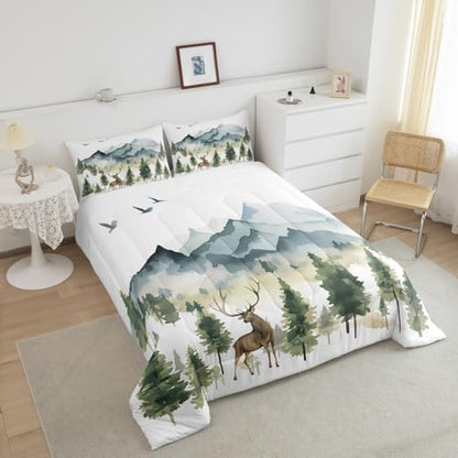 Feelyou Deer Moose Print Comforter Set Full Girls Teens Adult, Kids Boys Watercolor Hunting Deer Bedding Set, 3D Woodland Wild Animal Comforter Soft Quilt Set,Blue with 1 Pillowcase 2Pcs Bedding
