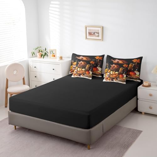 Erosebridal Thanksgiving Harvest Bed in A Bag with Sheets Full Roast Chicken Pumpkin Corn 7 Piece Comforter Set Fall Food Bedding Set,Autumn Maple Leaves Bedding Comforter Sets