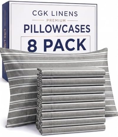 Queen Pillow Cases Set of 8 - Ultra Soft Pillowcase Covers - Grey Stripes