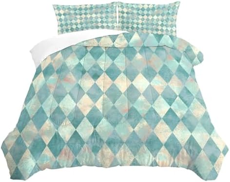 Teal Geometric Comforter Set King Size Checkered Bedding for Women Girls Bedroom Rhombus Quilt Bed Set 1 Comforter 2 Pillowcases