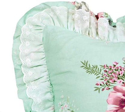FADFAY Shabby Green Floral Bedding 100% Cotton Princess Lace Ruffle Girls Duvet Cover Set with Bedskirt, 4Pcs, Twin Size