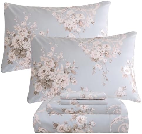 QSH Floral King Size Sheet Sets - 100% Egyptian Cotton Floral Bedding Sheets Blue Vintage Paisley Flower Pattern Printed Bedding King Size Bed Sheets 17.5" Extra Deep Pocket 4pcs