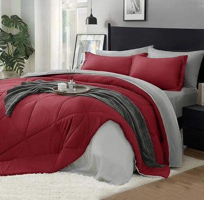 BEDELITE Twin Comforter Set 5 Pieces, Reversible Dark Red Bed in A Bag