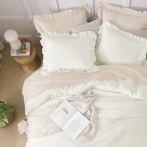 Andency Oversized King Ruffle Comforter Set, 3 Pcs Ivory Fluffy Bedding Set