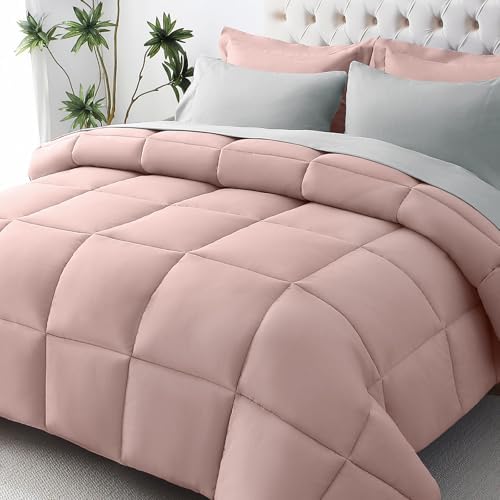 JOLLYVOGUE Queen Comforter Set, Ultra-Soft Bed in a Bag Queen Size 7 Pieces, Oeko-TEX Certified Bedding Set with Down Alternative Comforter, Sheets, Pillowcases & Shams, Pink & Light Grey