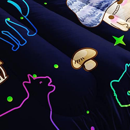 Mushroom Kawaii Cat Comforter Set Queen Size Kids Mushroom Bedding Set Star Theme Quilt Bed Set for Boys Girls Adults with 1 Comforter and 2 Pillowcases