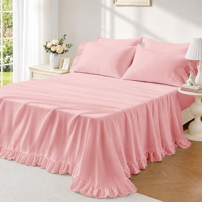 FUANNA Full Sheet Set 4 Pieces - Pink Sheets with 4-Inch Ruffles Bed Skirt