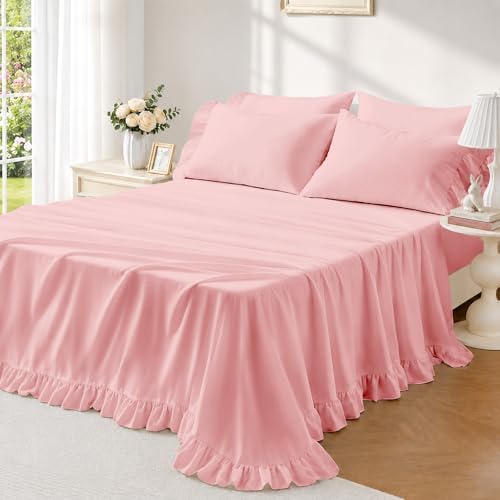 FUANNA King Sheets 4 PCS - Pink Sheets with 4-Inch Ruffles Bed Skirt