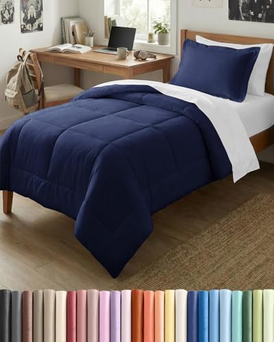 Twin Comforter Set - Navy Blue Bedding for All Seasons - 2 Piece Bed Set