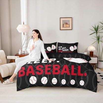 Erosebridal Kids Baseball Games Softball Theme Comforter Set Queen Size 7 Pieces | Black Grey Bed in A Bag Sports Gaming Pattern Bed Set Men Teens Bedding