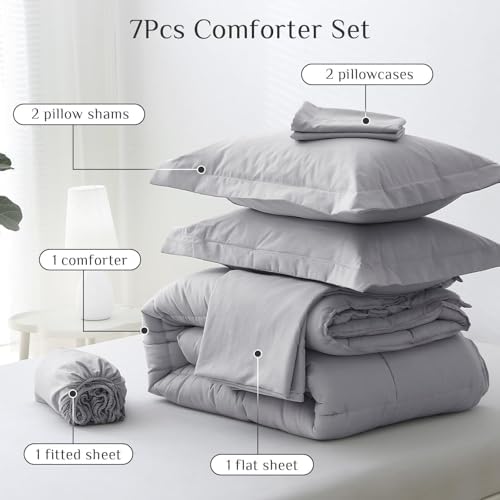 JOLLYVOGUE King Comforter Set, Ultra-Soft Bed in a Bag King Size 7 Pieces, Oeko-TEX Certified Bedding Set with Down Alternative Comforter, Sheets, Pillowcases & Shams, Light Grey