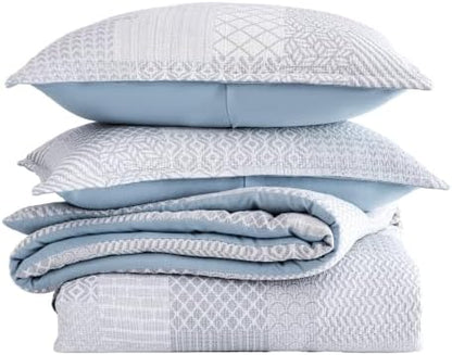 SLEEP ZONE Comforters King Set, Modern Boho Plaid Bedding Set Blue 3 Pcs