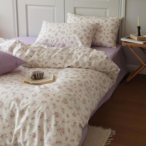 Vintage Floral Comforter Set King 3 Pieces Boho Floral Bedding Comforter Fluffy Soft Botanical Flowers Comforter with 2 Pillowcases Cottagecore Bedding Set Pink Purple Flowers King Comforter Set
