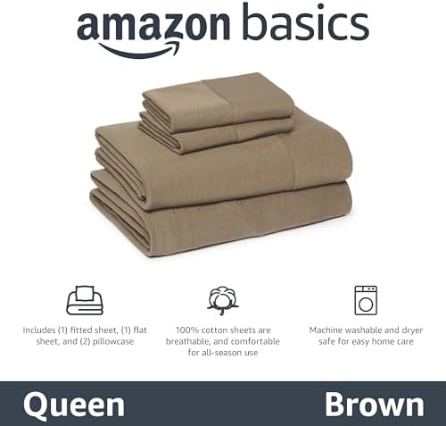 Amazon Basics 100% Cotton Jersey Bed Sheet Set, Breathable, Machine Washable, All-Season Use, Queen, Brown
