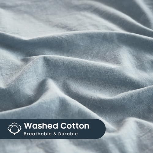 Wake In Cloud - Cotton Duvet Cover Set, 100% Washed Cotton, Linen Like Textured, Breathable Durable Comfy Farmhouse Neutral Bedding Set, 3 Pieces, Light Denim Blue, King Size