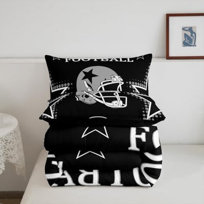 American Football Comforter Set King Size,Black Grey White Star Helmet Print Bedding Set for Kids Boys Teens Men Room Decor,Ball Sports Theme Quilt Set Modern Chic Duvet Insert,2 Pillowcases