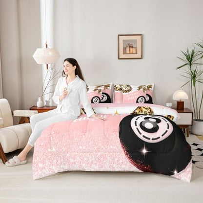 Funky Lucky 8 Ball 7 Piece Comforter Set Queen Size Bow Bedding Set For Girls Preppy Leopard Print Bowknot Bed In A Bag Coquette Room Decor,Fashion Trendy Y2K Bed Set,Pink Aesthetic Glitter Print