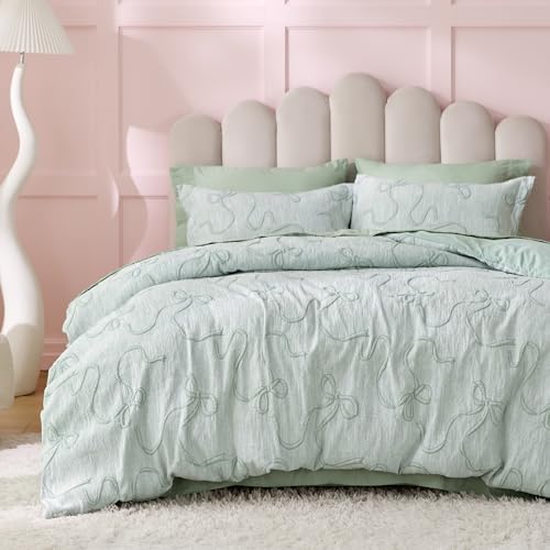 Bedsure Bowknot Duvet Cover Queen, Bowknot Jacquard, 3-Piece, Green