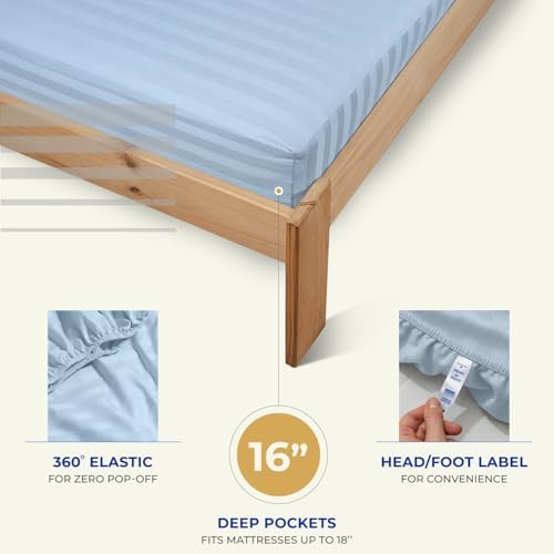 THREAD SPREAD Egyptian Cotton Sheets King Size - 1000 Series High Thread Count Cotton King Size Sheets Set (4 PC, Light Blue - Stripe), 16" Snug Fit Deep Pocket, Sateen Ultra-Soft Hotel Luxury Sheet