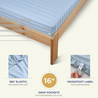 THREAD SPREAD Egyptian Cotton Sheets King Size - 1000 Series High Thread Count Cotton King Size Sheets Set (4 PC, Light Blue - Stripe), 16" Snug Fit Deep Pocket, Sateen Ultra-Soft Hotel Luxury Sheet