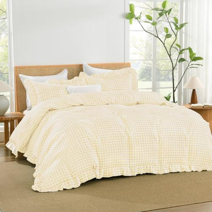 Andency Yellow Gingham Duvet Cover King, Ruffle Shabby Bedding Set 3 Pcs