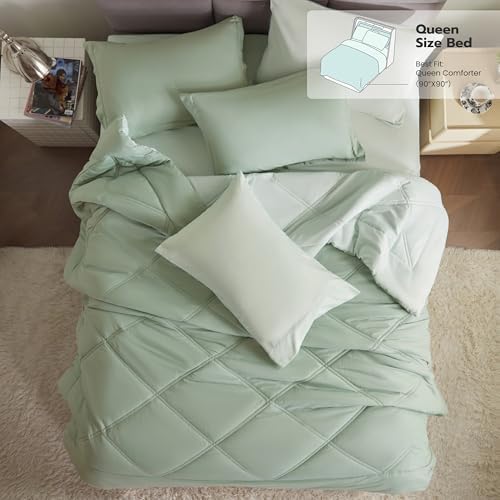 Joiedomi Queen Comforter Set with Sheets Sage Green, 7 Pieces Queen Bed Set with 1 Down Alternative Comforter, 1 Flat Sheet, 1 Fitted Sheet, 2 Pillowcases and 2 Pillow Shams, Bed in a Bag All Seasons