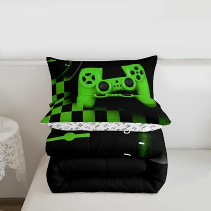 Gamer Comforter Set for Boys Home Decor Full 3pcs,Green Buffalo Plaid Check Novelty Bedding Set Microfiber Soft,Game Reversible Warm Duvet Insert,Gaming Gamepad Down Comforter with 2 Pillowcases
