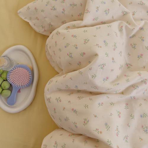 VM VOUGEMARKET Pink Blue Floral Duvet Cover Set Twin with Green Leaves Soft Breathable Muslin Cotton Bedding Set,Off-White Comforter Cover and 2 Pillowcases for Teen Girls