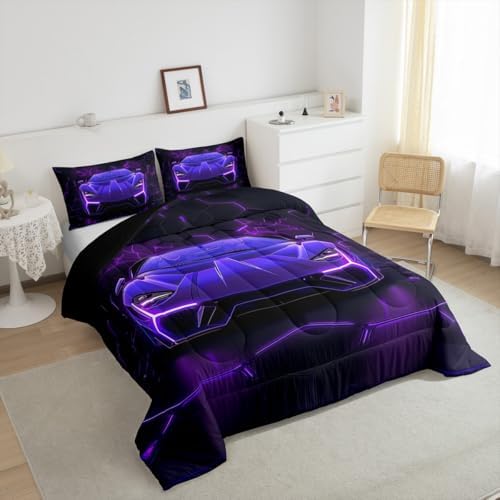 Feelyou Kids Purple Black Race Car Comforter Set,Boys Racing Car Bedding Set Full Size,Boys Bedroom Room Decor,Cool Speed Luxury Car Comforter,Geometric Hexagon Racing Car Bed Set for All Season