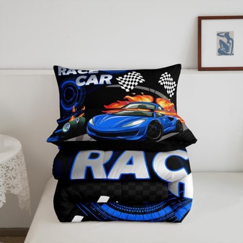 Feelyou Kids Blue Race car Comforter Set King Size Speed Sports Car Bedding Set Boys Girls Automobile Racing Car Quilt Set Extreme Sports Theme Bed Set