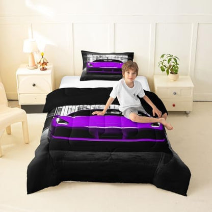 Feelyou Boys Purple Race Car Comforter Set King Size Purple Luxury Car Bedding Set for Kids Boys Girls Extreme Sports Duvet Quilt Fast and Furious Bedroom Decor 3 Pcs with 2 Pillow Cases