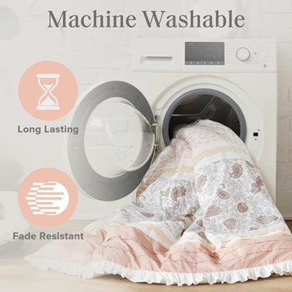 Washing machine with a quilt inside, labeled 'Machine Washable', 'Long Lasting', and 'Fade Resistant'.