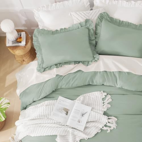 Andency Green King Size Comforter Set, 3 Pieces Solid Farmhouse Bedding
