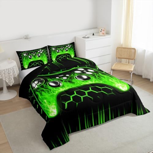 Erosebridal Ombre Art Honeycomb Gaming Bedding Set Green Neon Lights Game Console Toddler Bedding Sets for Boys Geometric Hexagon Beehive Quilt Set Gamer Room Decor for Boys